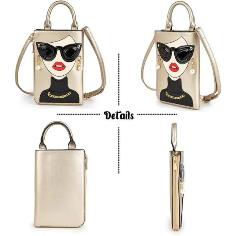 Women Golden Lady Face Shoulder Bags Funky Vegan Leather Top Handle Satchel